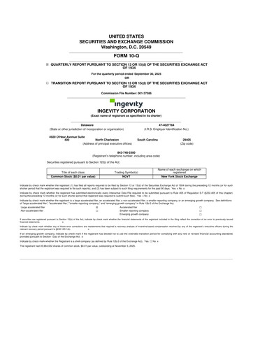 Thumbnail Ingevity 10-Q Quarterly Report FY2025 