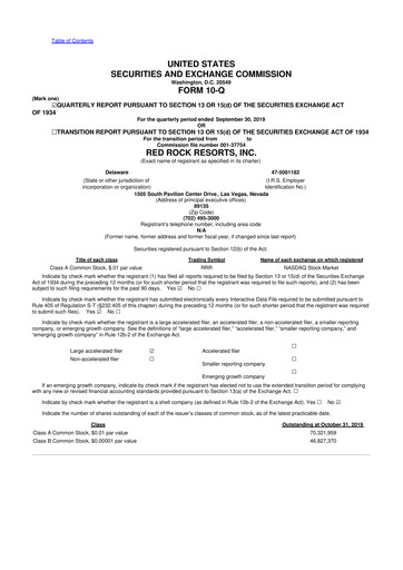 Thumbnail Red Rock Resorts 10-Q Quarterly Report FY2019 