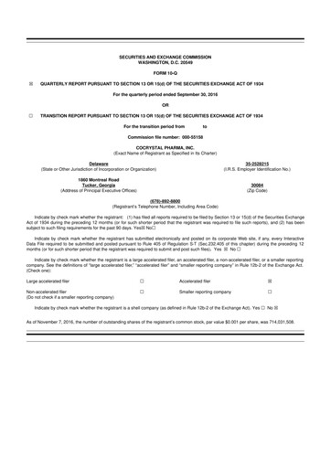 Thumbnail Cocrystal Pharma
 10-Q Quarterly Report FY2016 