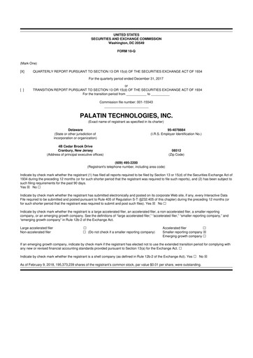 Miniature Palatin Technologies 10-Q Rapport trimestriel 2018 