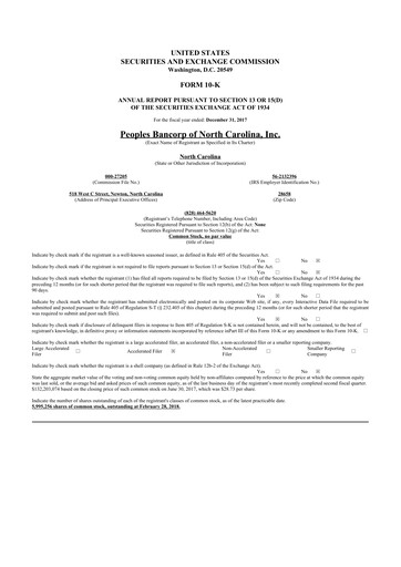 Thumbnail Peoples Bancorp of North Carolina 10-K Annual Report 2017