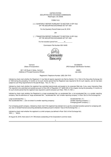 Thumbnail Community Bancorp 10-Q Quarterly Report FY2018 