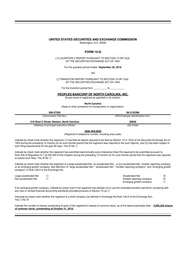 Vorschaubild Peoples Bancorp of North Carolina 10-Q Quartalsbericht 2018 