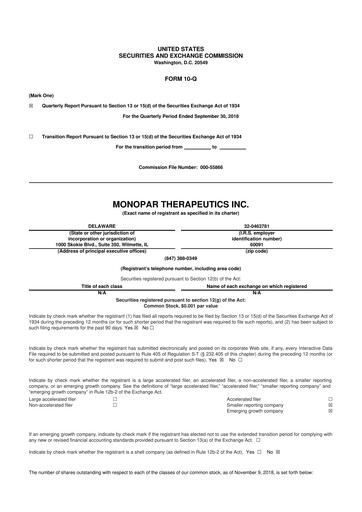Thumbnail Monopar Therapeutics 10-Q Quarterly Report FY2018 