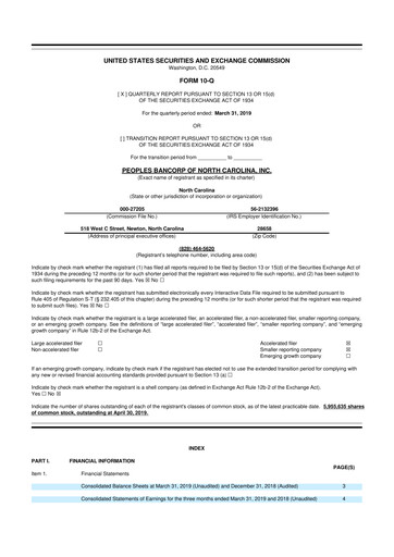 Vorschaubild Peoples Bancorp of North Carolina 10-Q Quartalsbericht 2019 