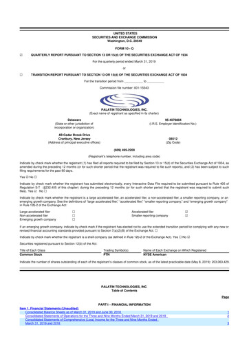 Miniature Palatin Technologies 10-Q Rapport trimestriel 2019 