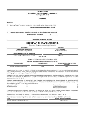 Thumbnail Monopar Therapeutics 10-Q Quarterly Report FY2019 