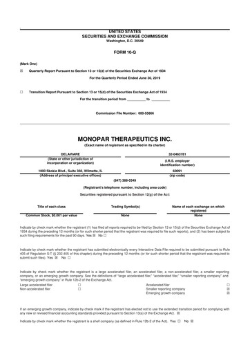 Thumbnail Monopar Therapeutics 10-Q Quarterly Report FY2019 