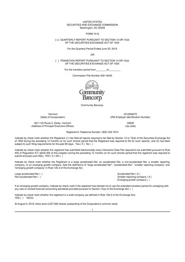 Thumbnail Community Bancorp 10-Q Quarterly Report FY2019 
