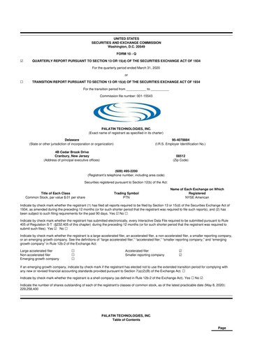 Miniature Palatin Technologies 10-Q Rapport trimestriel 2020 