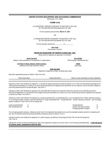 Vorschaubild Peoples Bancorp of North Carolina 10-Q Quartalsbericht 2021 