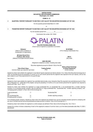 Miniature Palatin Technologies 10-Q Rapport trimestriel 2021 