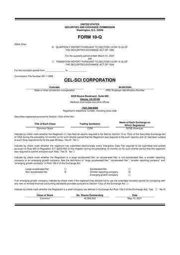 Thumbnail Cel-Sci

 10-Q Quarterly Report FY2021 