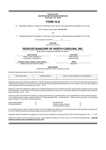 Vorschaubild Peoples Bancorp of North Carolina 10-Q Quartalsbericht 2021 