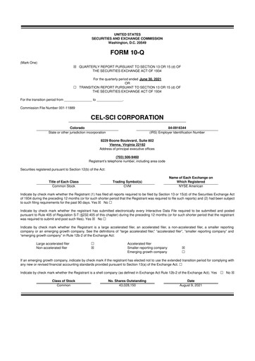 Thumbnail Cel-Sci

 10-Q Quarterly Report FY2021 