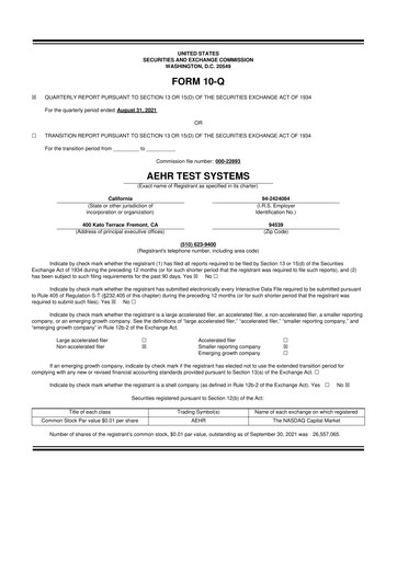 Thumbnail Aehr Test Systems 10-Q Quarterly Report FY2021 