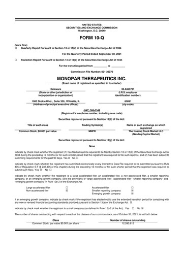 Thumbnail Monopar Therapeutics 10-Q Quarterly Report FY2021 