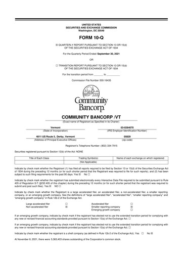 Thumbnail Community Bancorp 10-Q Quarterly Report FY2021 