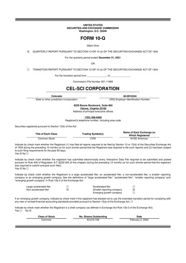 Thumbnail Cel-Sci

 10-Q Quarterly Report FY2022 