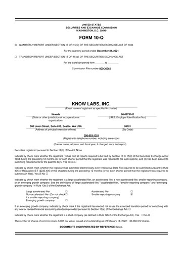 Thumbnail Know Labs 10-Q Quarterly Report FY2022 