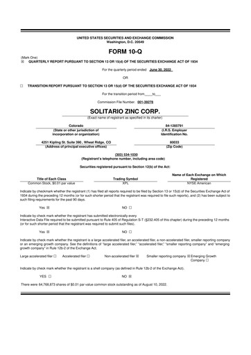 Thumbnail Solitario Resources
 10-Q Quarterly Report FY2022 