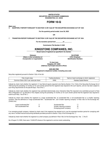 Thumbnail Kingstone Companies 10-Q Quarterly Report FY2022 