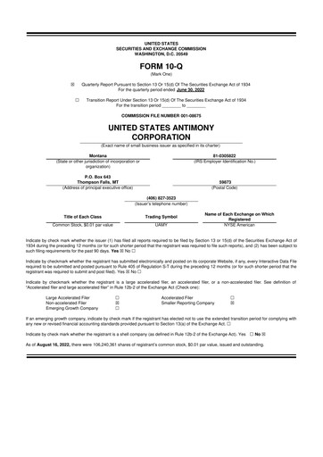 Thumbnail United States Antimony Corporation 10-Q Quarterly Report FY2022 