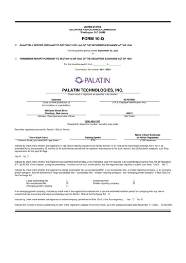 Miniature Palatin Technologies 10-Q Rapport trimestriel 2023 
