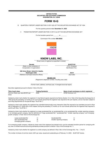 Thumbnail Know Labs 10-Q Quarterly Report FY2023 