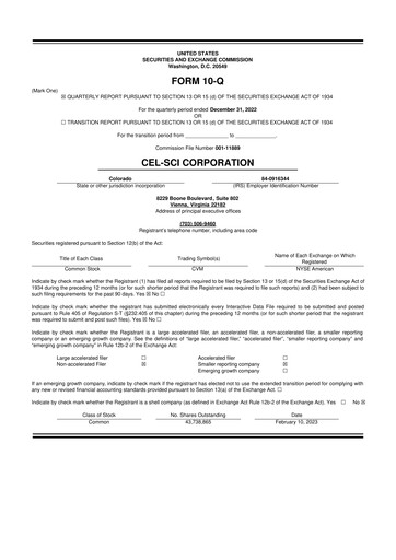 Thumbnail Cel-Sci

 10-Q Quarterly Report FY2023 