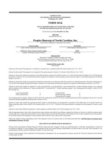 Thumbnail Peoples Bancorp of North Carolina 10-K Annual Report 2022