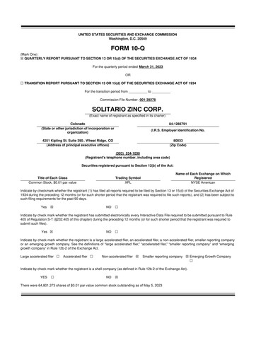 Thumbnail Solitario Resources
 10-Q Quarterly Report FY2023 