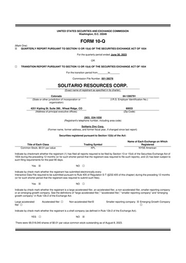 Thumbnail Solitario Resources
 10-Q Quarterly Report FY2023 