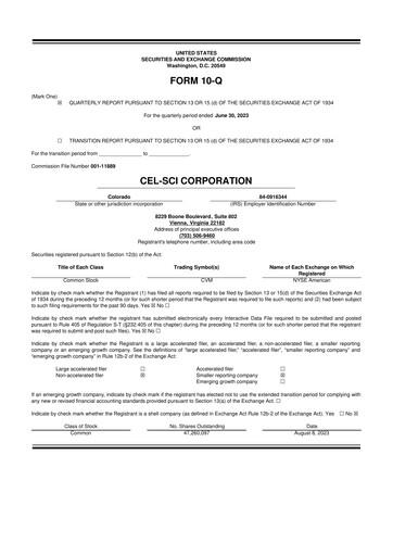Thumbnail Cel-Sci

 10-Q Quarterly Report FY2023 