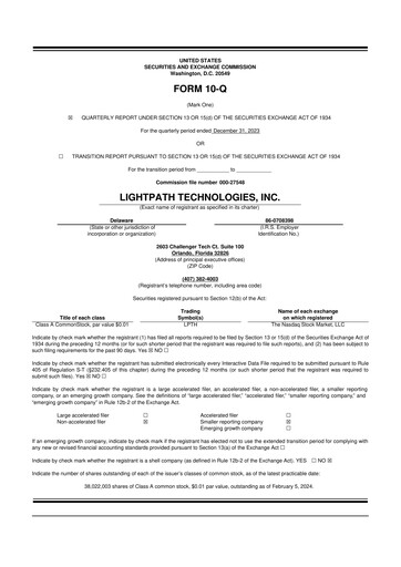 Vorschaubild LightPath Technologies 10-Q Quartalsbericht 2024 