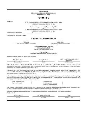 Thumbnail Cel-Sci

 10-Q Quarterly Report FY2024 