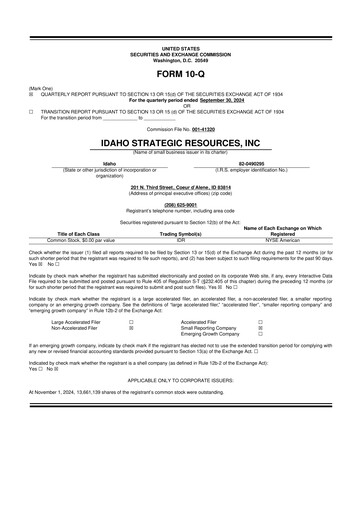 Thumbnail Idaho Strategic Resources 10-Q Quarterly Report FY2024 