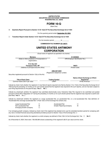 Thumbnail United States Antimony Corporation 10-Q Quarterly Report FY2024 