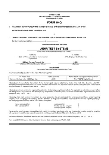 Thumbnail Aehr Test Systems 10-Q Quarterly Report FY2025 