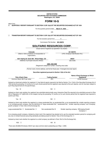 Thumbnail Solitario Resources
 10-Q Quarterly Report FY2025 