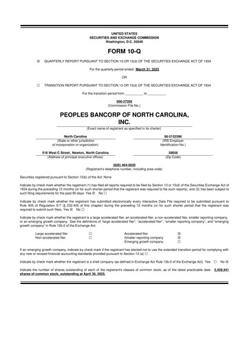 Vorschaubild Peoples Bancorp of North Carolina 10-Q Quartalsbericht 2025 