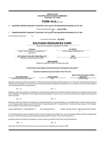 Thumbnail Solitario Resources
 10-Q Quarterly Report FY2025 