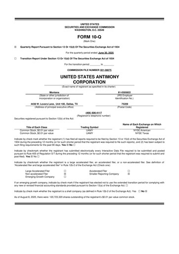 Thumbnail United States Antimony Corporation 10-Q Quarterly Report FY2025 