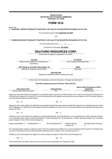 Thumbnail Solitario Resources
 10-Q Quarterly Report FY2025 