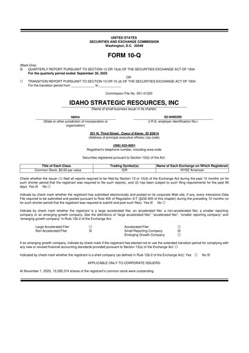 Thumbnail Idaho Strategic Resources 10-Q Quarterly Report FY2025 