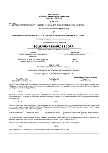 Thumbnail Solitario Resources
 10-Q Quarterly Report FY2026 