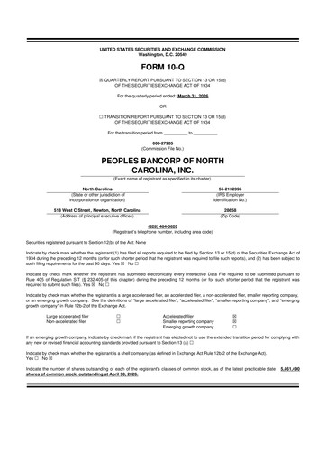 Vorschaubild Peoples Bancorp of North Carolina 10-Q Quartalsbericht  