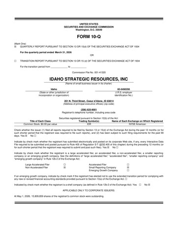 Thumbnail Idaho Strategic Resources 10-Q Quarterly Report FY 