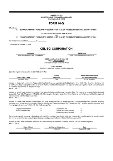 Thumbnail Cel-Sci

 10-Q Quarterly Report FY2026 