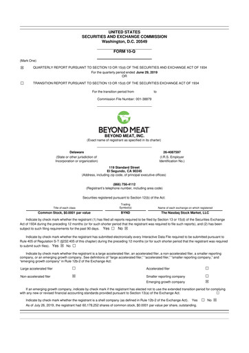 Miniature Beyond Meat 10-Q Rapport trimestriel 2019 